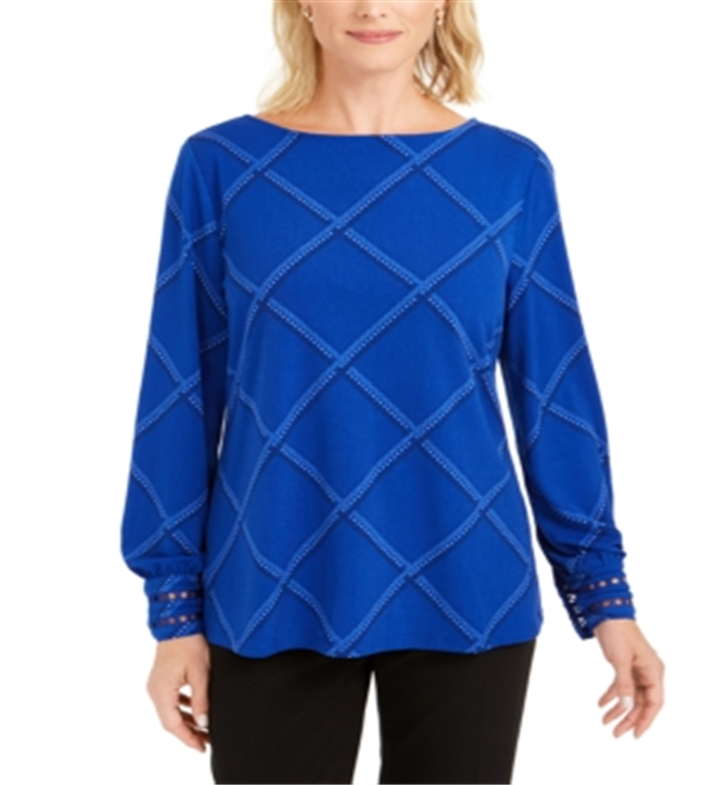 Charter Club Women's Plaid Embroidered Cuff Top Blue Size Petite S/M