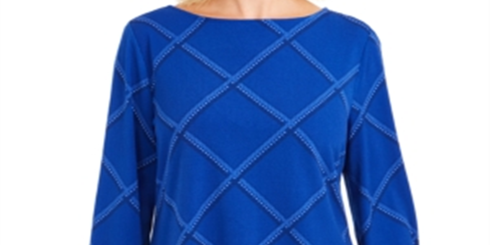 Charter Club Women's Plaid Embroidered Cuff Top Blue Size Petite S/M