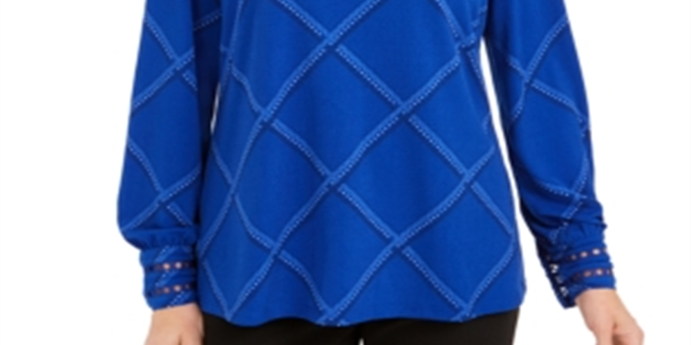 Charter Club Women's Plaid Embroidered Cuff Top Blue Size Petite S/M