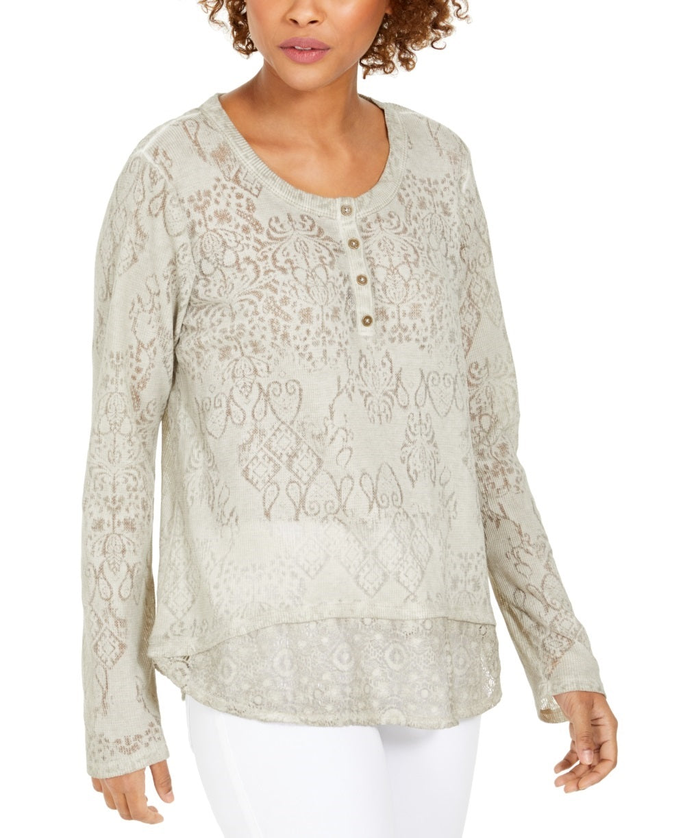 Style & Co Women's Lace Henley Top Gray Size Large