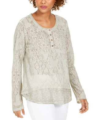 Style & Co Women's Lace Henley Top Gray Size Large