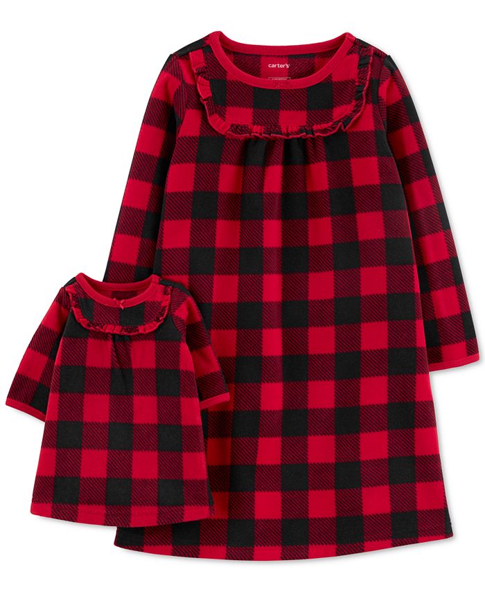 Carters Toddler Girls Buffalo Plaid Fleece Nightgown & Doll Dress Set Red Size 5T