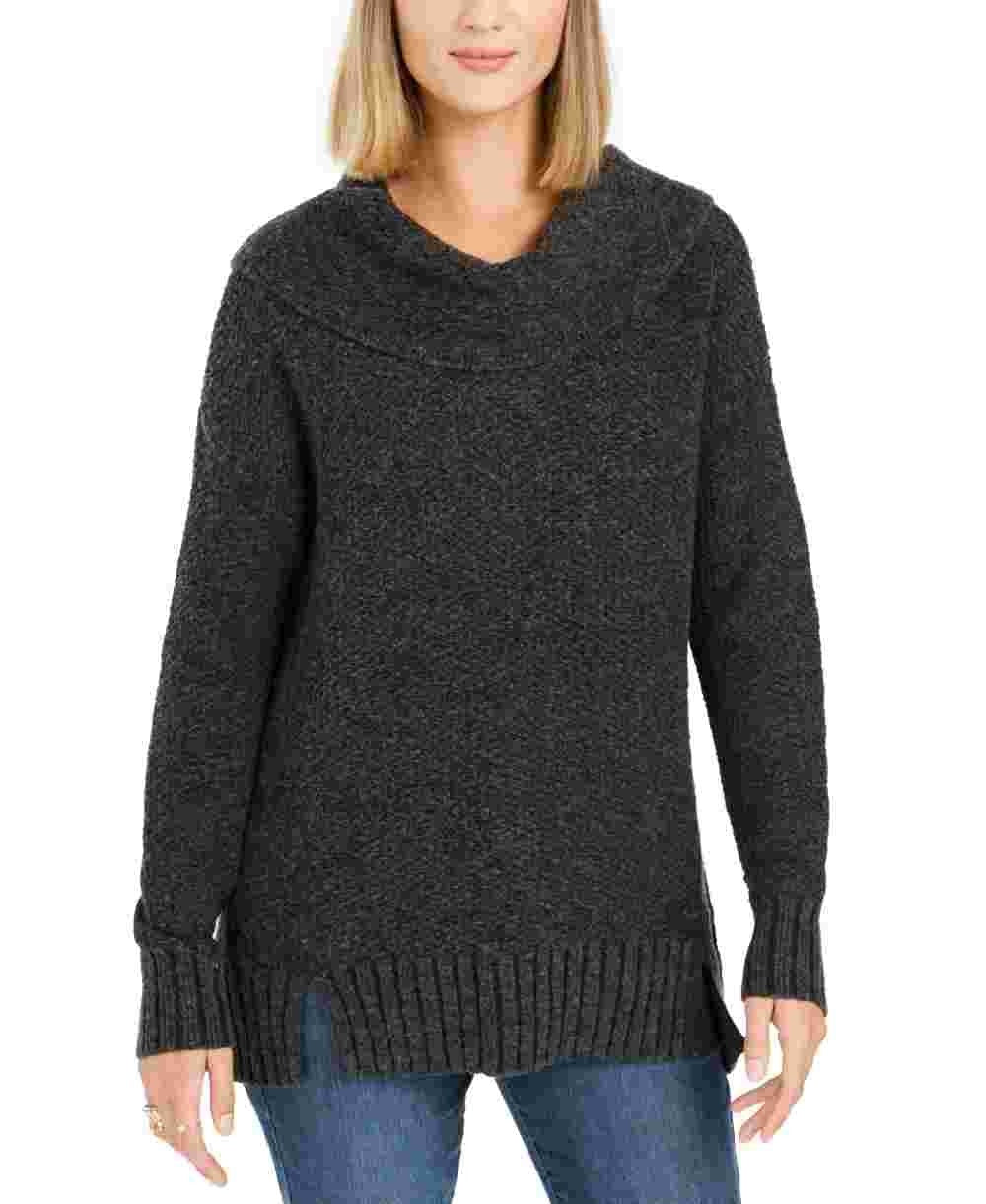 Style & Company Women's Textured Long Sleeve Cowl Neck Sweater Gray Size Petite Medium