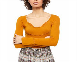 Free People Women's Bit of Lace Ribbed Layering Pullover Top Brown Size Medium