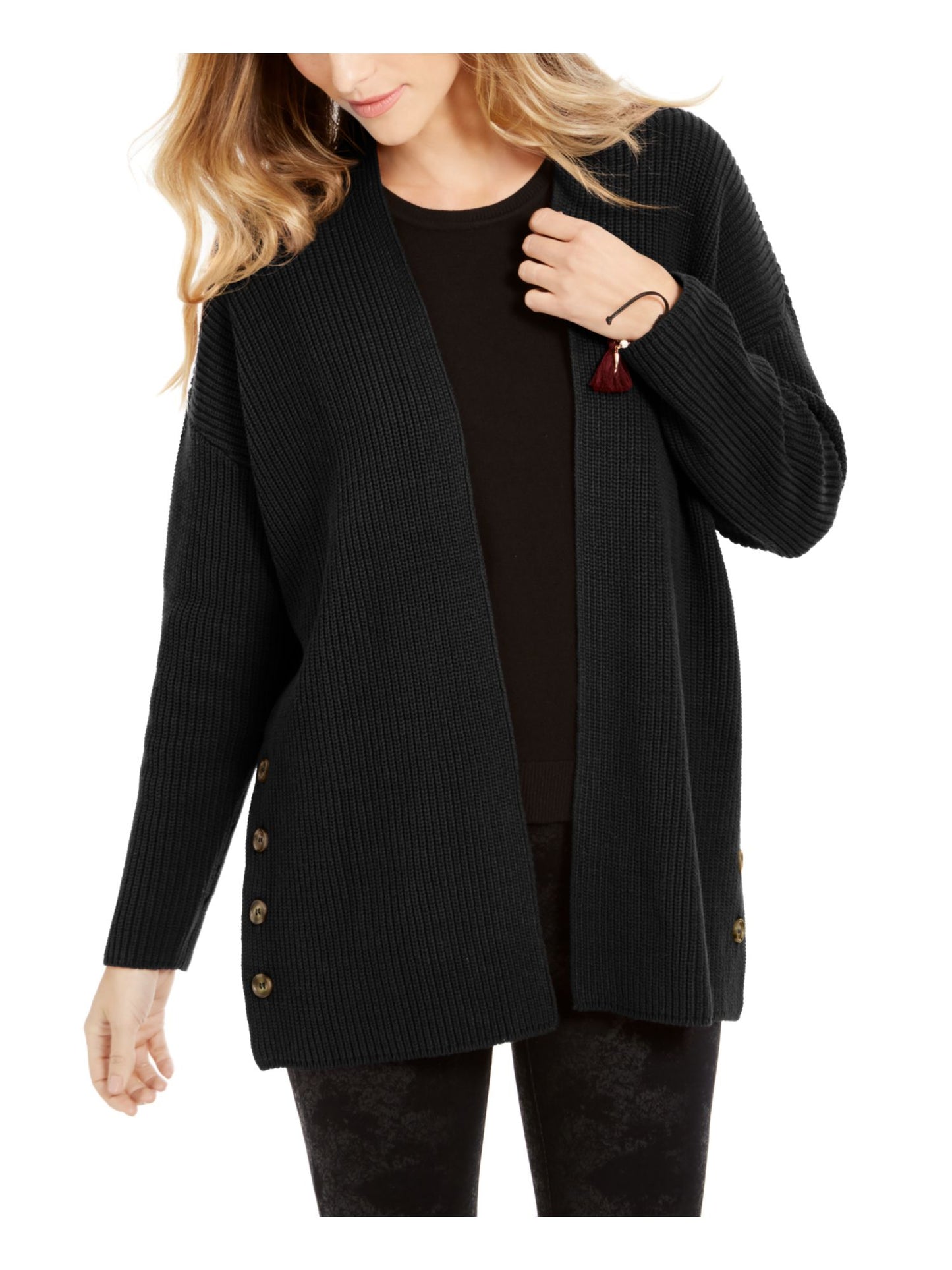 Style & Co Women's Embellished Ribbed Long Sleeve Open Cardigan Sweater Black Size Petite