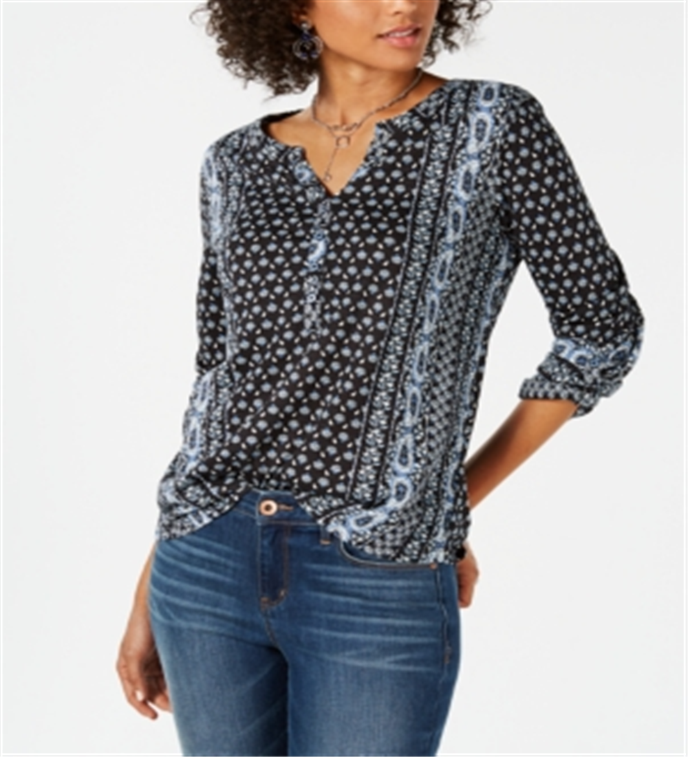 Style & Co Women's Printed Roll Tab Sleeve Top Black Size PP