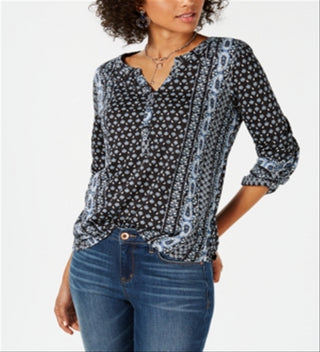 Style & Co Women's Printed Roll Tab Sleeve Top Black Size PP