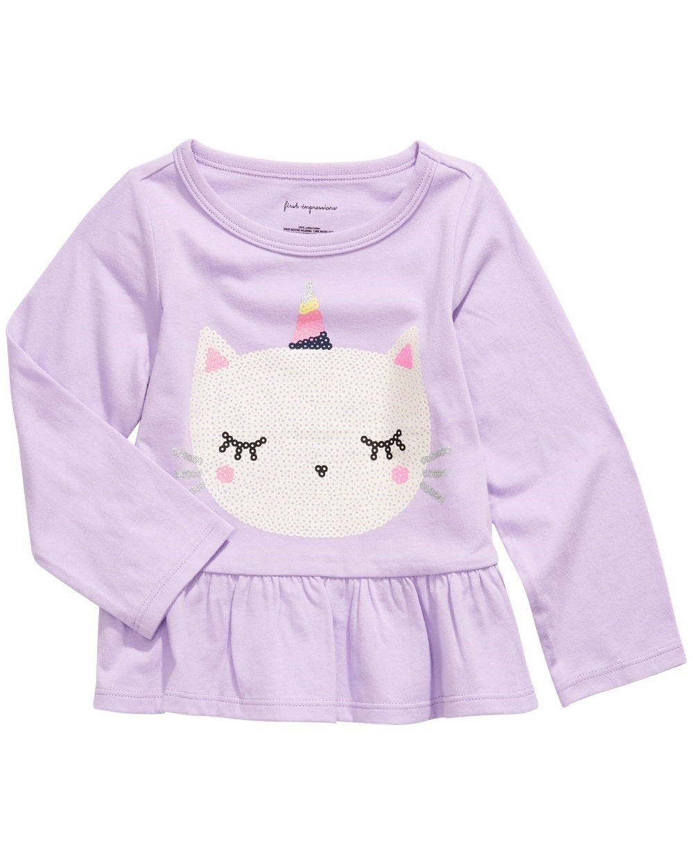 First Impressions Kid's Baby Girls Cotton Caticorn Peplum Hem T-Shirt Purple Size 18
