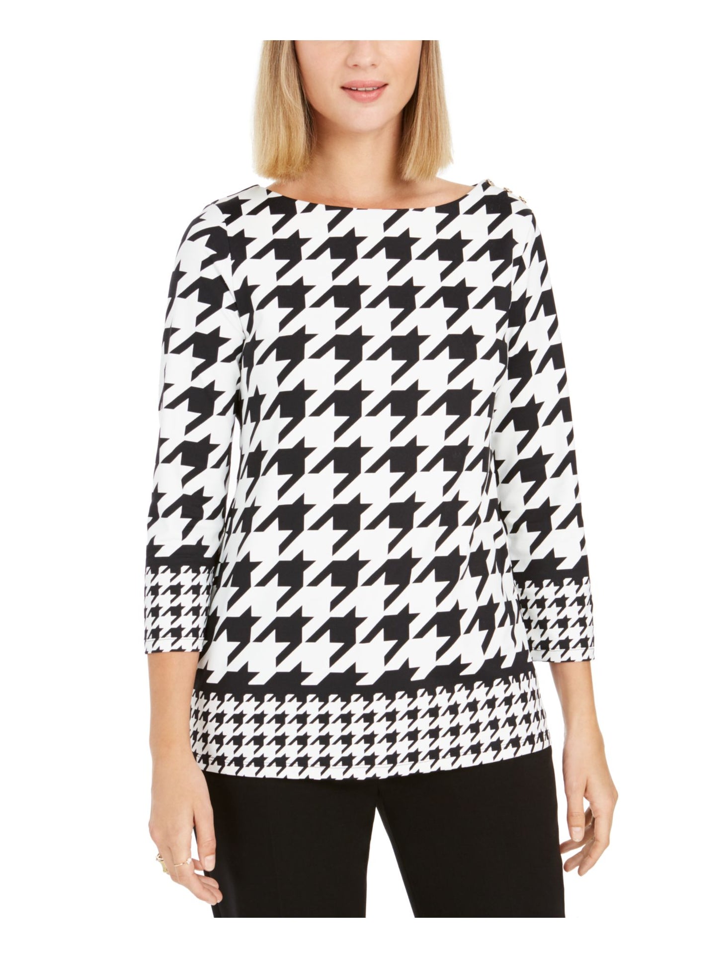 Charter Club Women's Houndstooth 3/4 Sleeve Jewel Neck Top Black Size Petite X-Large