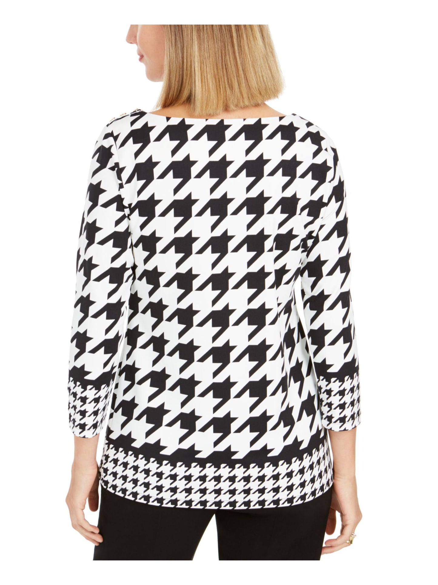 Charter Club Women's Houndstooth 3/4 Sleeve Jewel Neck Top Black Size Petite X-Large