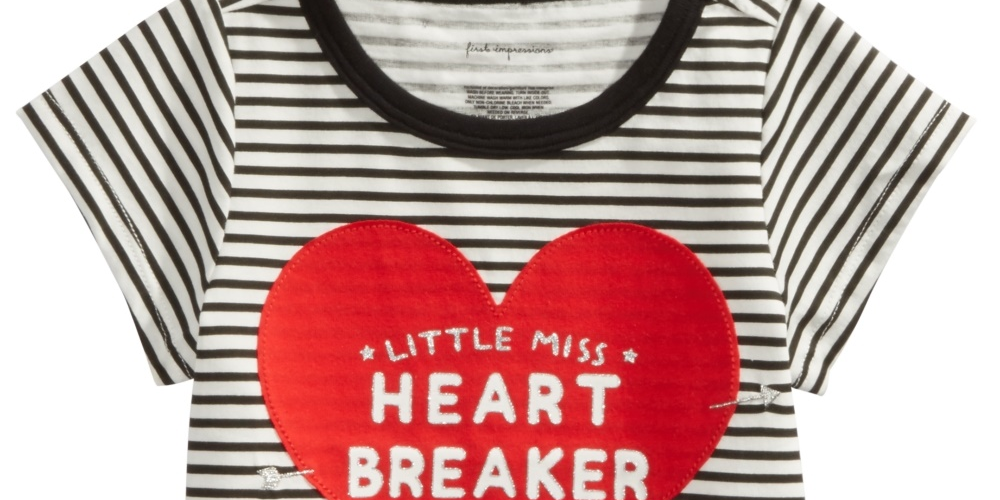 First Impressions Kid's Baby Girls Striped Heartbreaker Print Cotton T-Shirt White Size 3-6