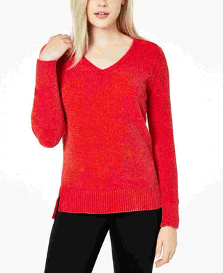 Maison Jules Women's Long Sleeve V Neck Sweater Red Size X-Small