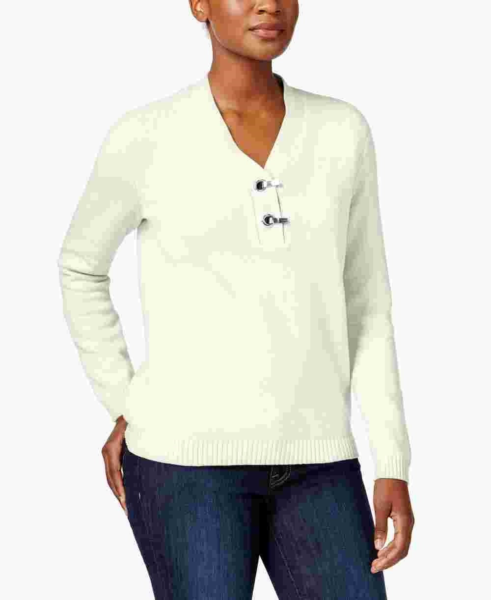 Karen Scott Women's Embellished Long Sleeve V Neck Sweater White Size X-Large