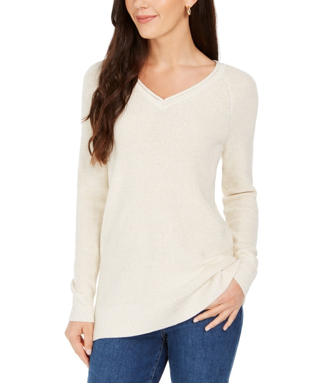 Charter Club Women's Lurex V Neck Sweater White Size Large