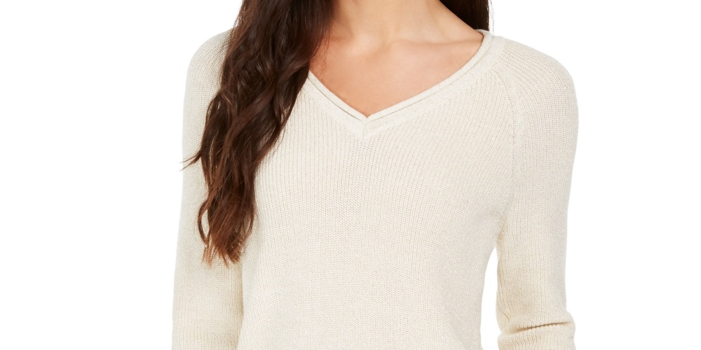 Charter Club Women's Lurex V Neck Sweater White Size Large