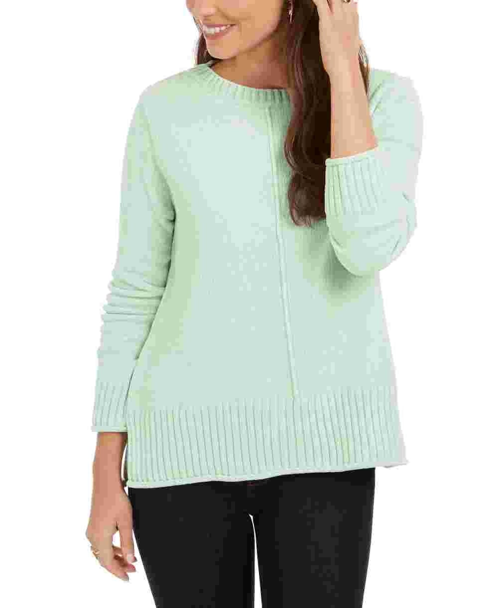Style & Co Women's Textured Ribbed 3/4 Sleeve Crew Neck Sweater Green Size Petite Small
