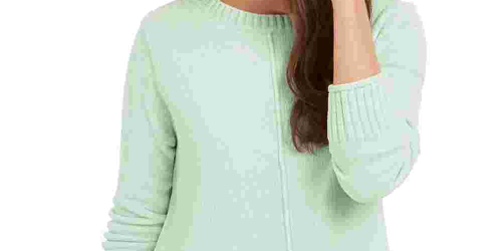 Style & Co Women's Textured Ribbed 3/4 Sleeve Crew Neck Sweater Green Size Petite Small