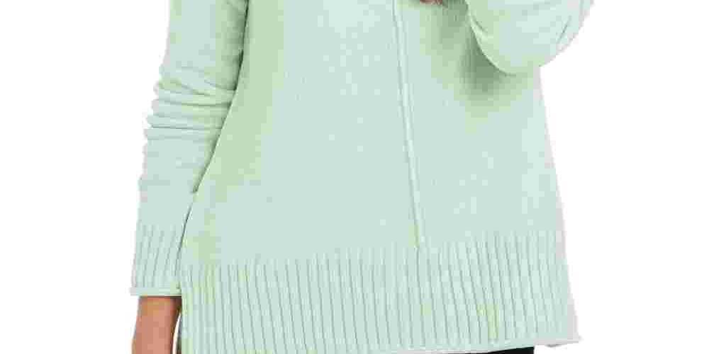 Style & Co Women's Textured Ribbed 3/4 Sleeve Crew Neck Sweater Green Size Petite Small