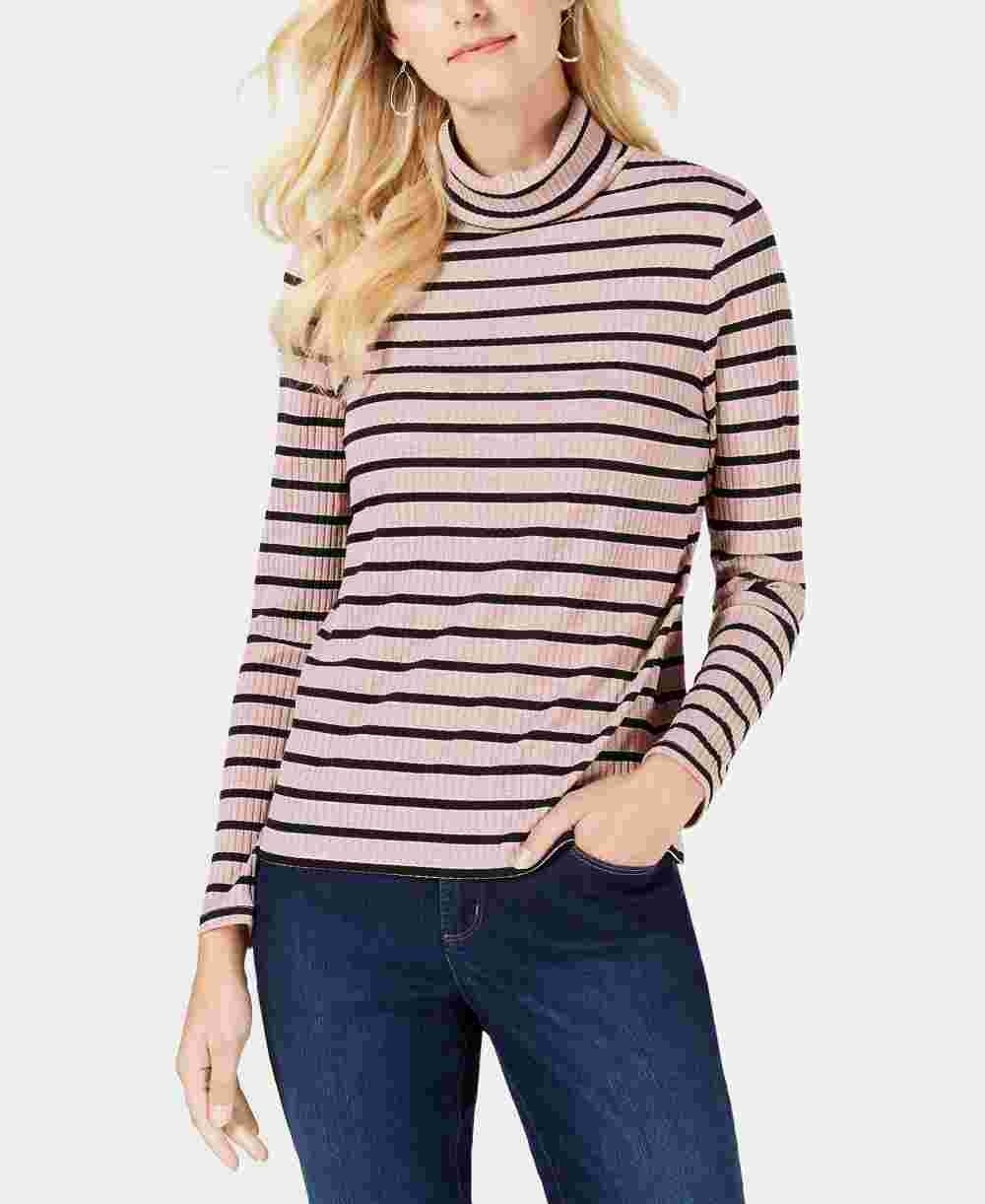 Charter Club Women's Striped Long Sleeve Turtle Neck Top Pink Size Petite X-Large