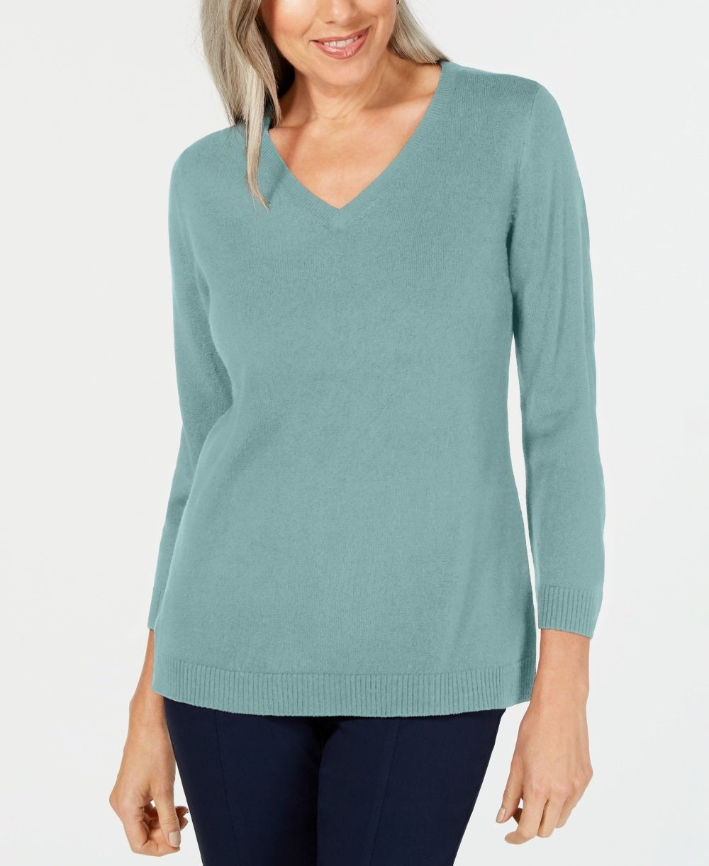 Karen Scott Women's 3/4 Sleeve V Neck Sweater Aquifer Blue Size Small