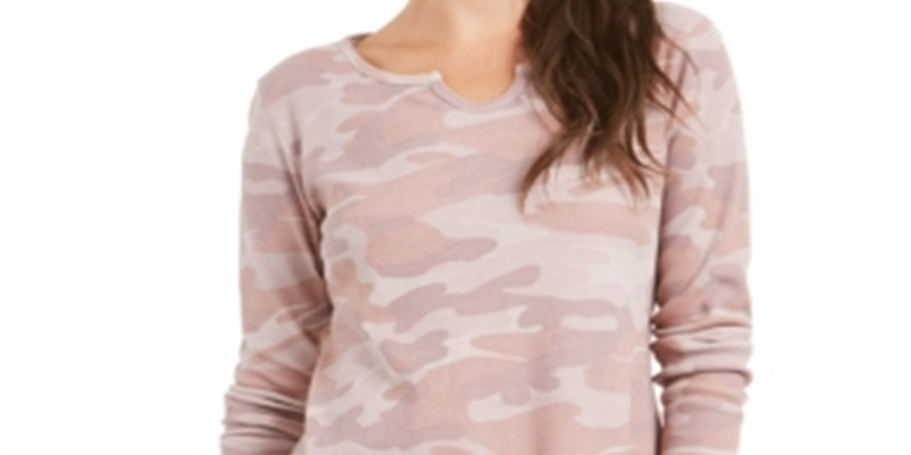 Style & Co Women's Printed Cotton Thermal Top Pink Camo Size Petite M