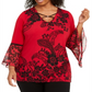 JM Collection Women's Plus Printed Bell Sleeve To Red-Black  Size -0X
