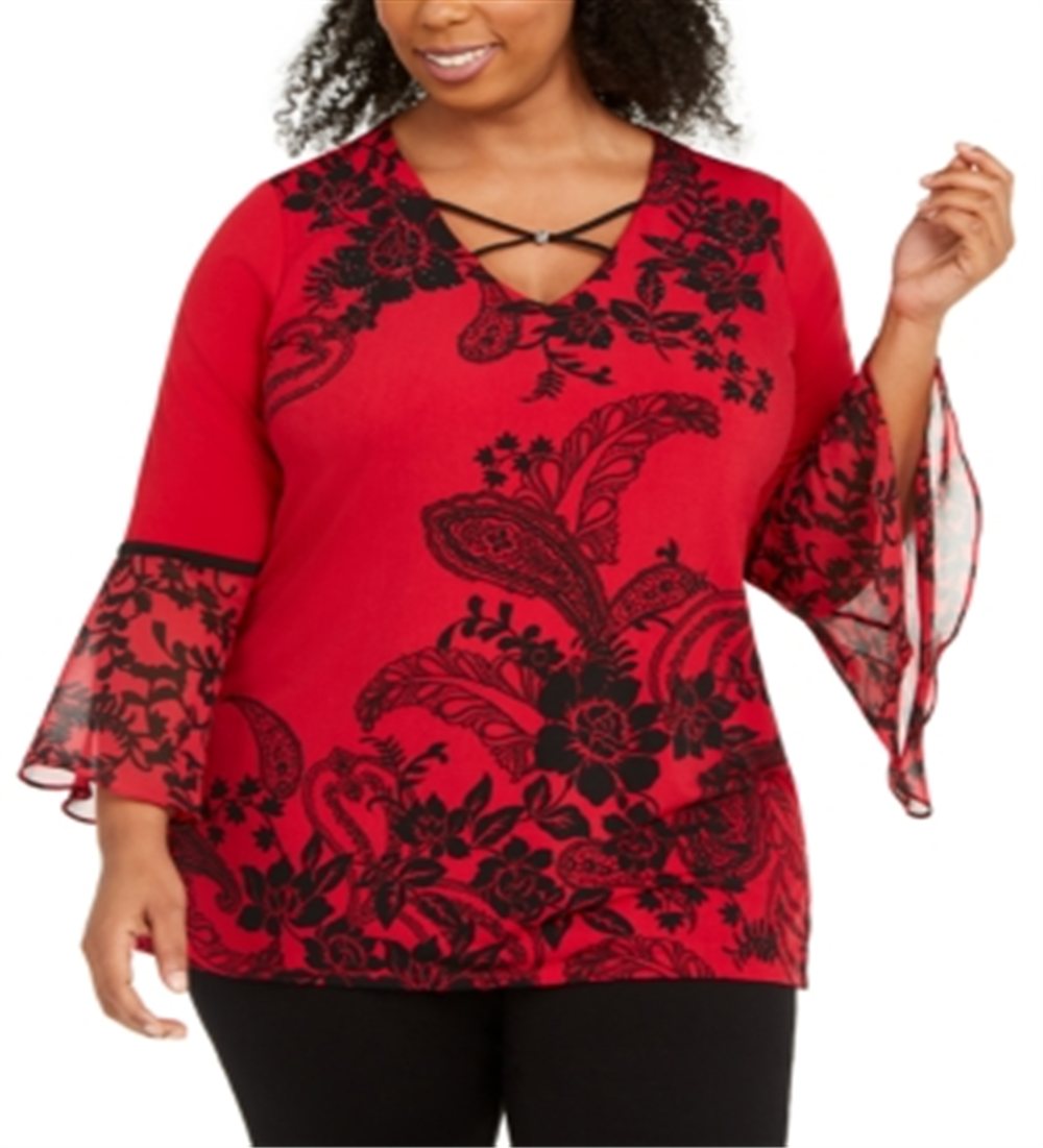 JM Collection Women's Plus Printed Bell Sleeve To Red-Black  Size -0X