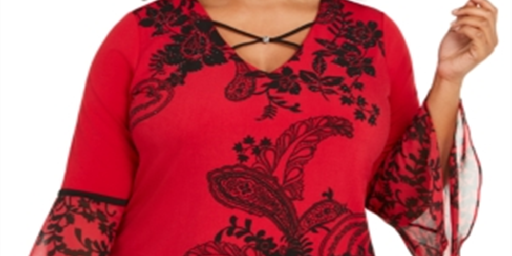 JM Collection Women's Plus Printed Bell Sleeve To Red-Black  Size -0X