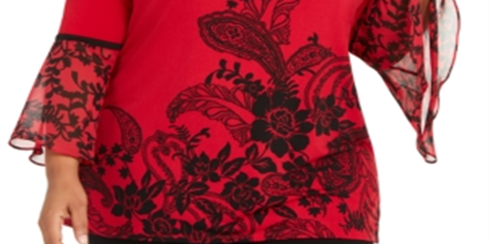 JM Collection Women's Plus Printed Bell Sleeve To Red-Black  Size -0X