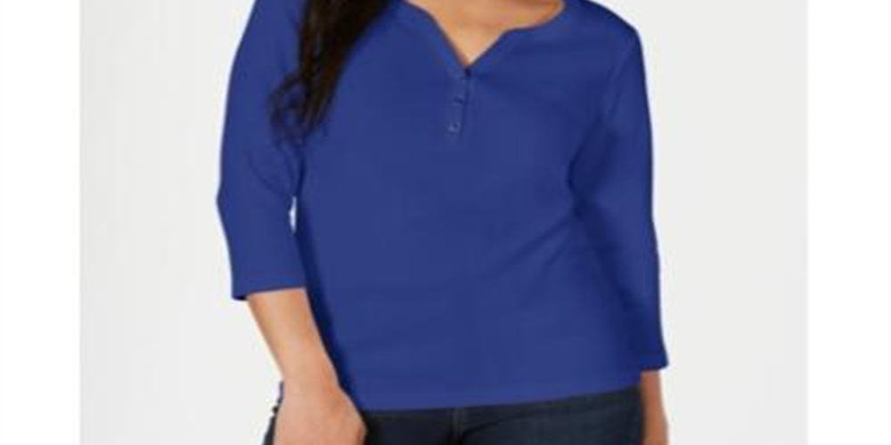 Karen Scott Women's Cotton 3/4 Sleeve Henley T-Shirt Blue Size Petite X-Large