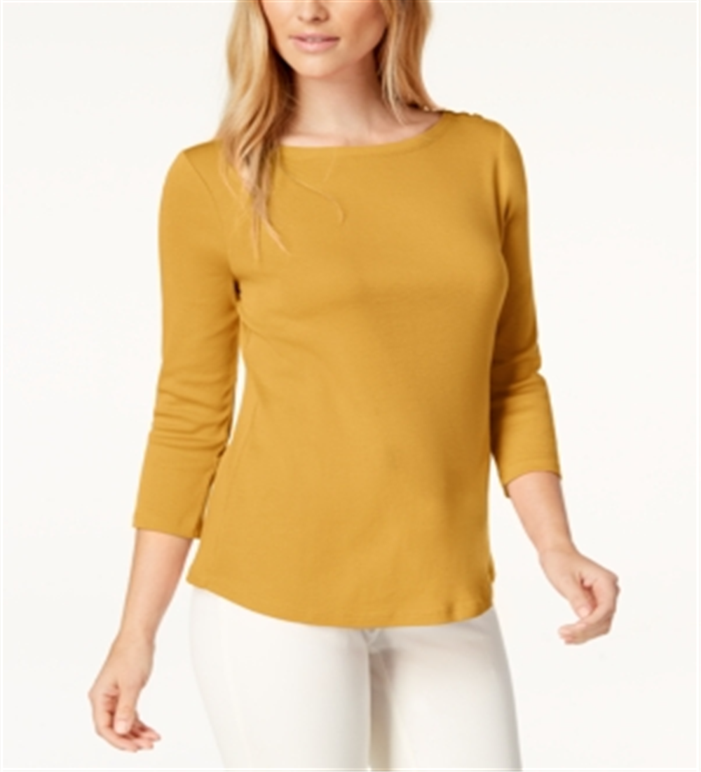 Charter Club Women's Pima Cotton Button Shoulder Top Honey Glaze Size Petite S