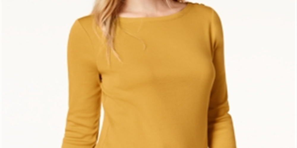 Charter Club Women's Pima Cotton Button Shoulder Top Honey Glaze Size Petite S