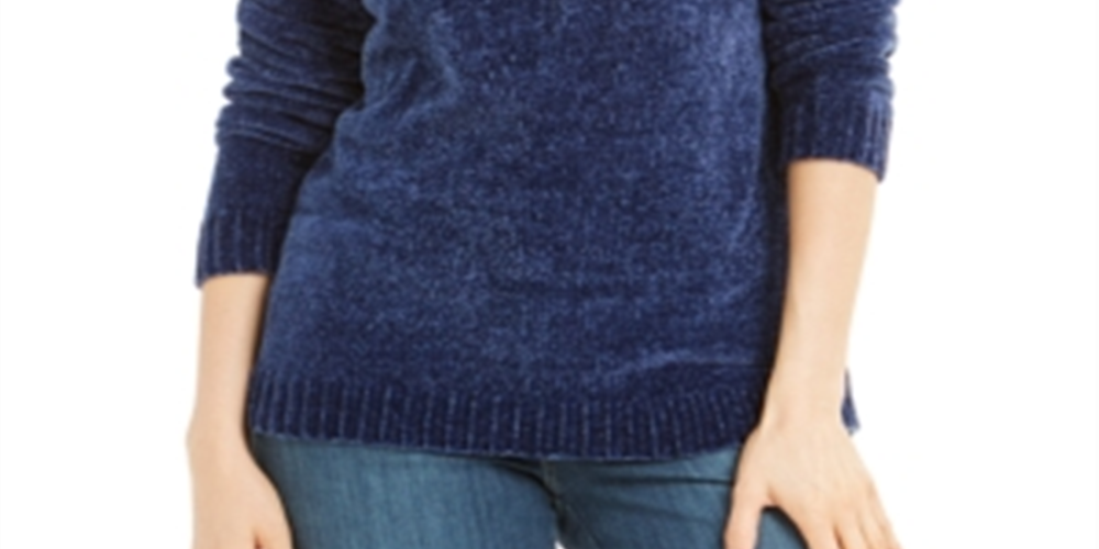 Karen Scott Women's Envelope Neck Chenille Sweater Navy Size Petite S/M