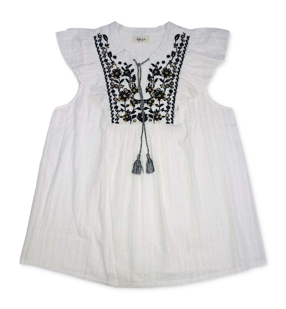 Style & Co Women's Cotton Embroidered Ruffle Sleeve Top White Size X-Small