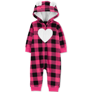 Carter's Baby Girl's Buffalo Check Hooded Full Zip Jumpsuit Pink-Black Size NEWBORN