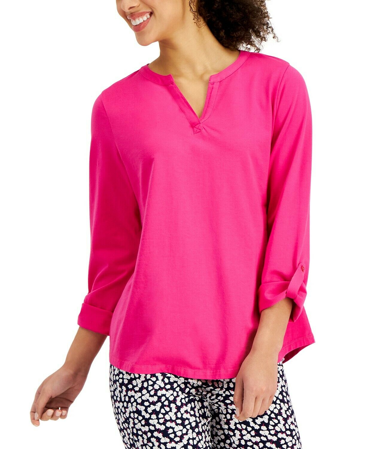 Charter Club Women's Blouse Berry Cool V Neck Long Sleeve Pink Size X-Large