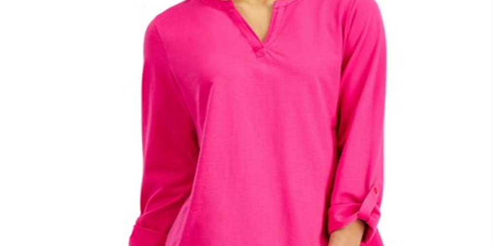Charter Club Women's Blouse Berry Cool V Neck Long Sleeve Pink Size X-Large