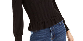 Bar III Women's Smocked Square Neck Top Black Size Small