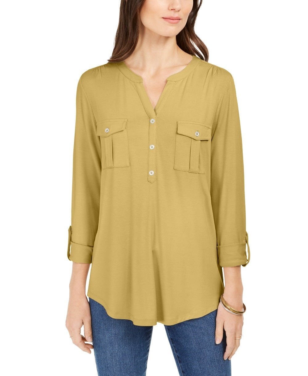Style & Co Women's Split Neck Roll Tab Sleeve Top Yellow Size Medium
