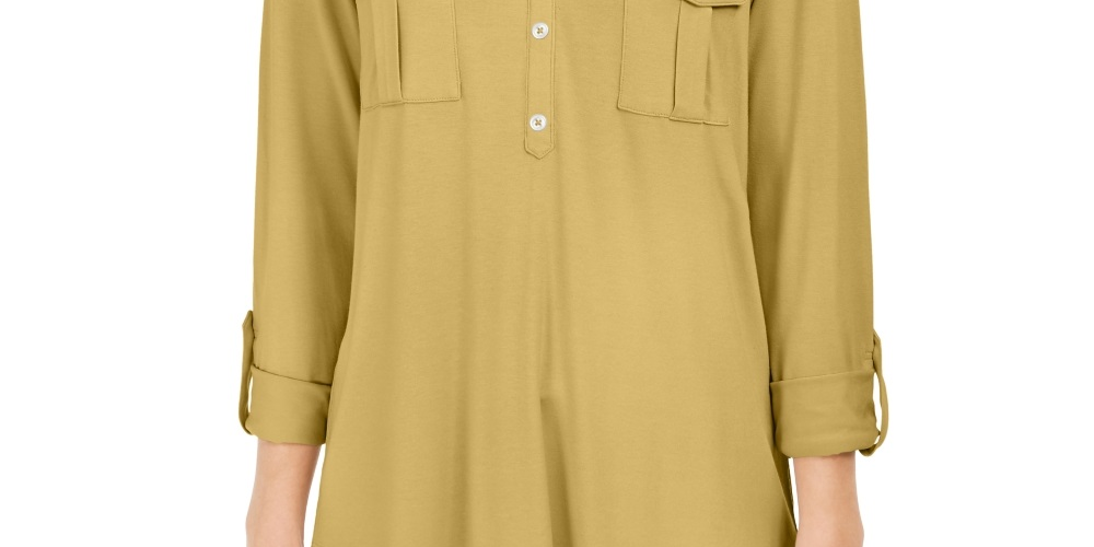 Style & Co Women's Split Neck Roll Tab Sleeve Top Yellow Size Medium