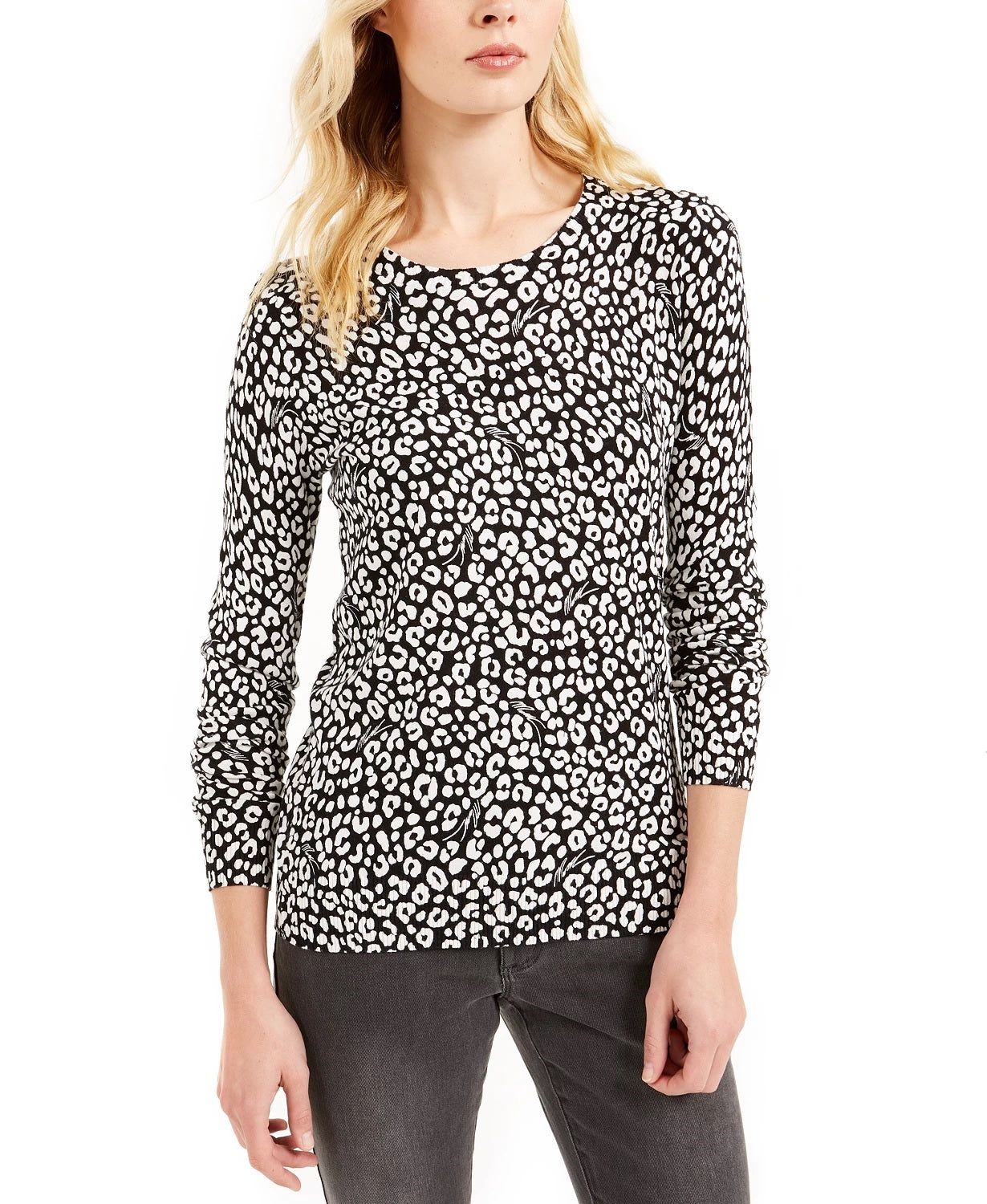 Michael Kors Women's Printed Long Sleeve Jewel Neck Top Black Size Petite X-Small