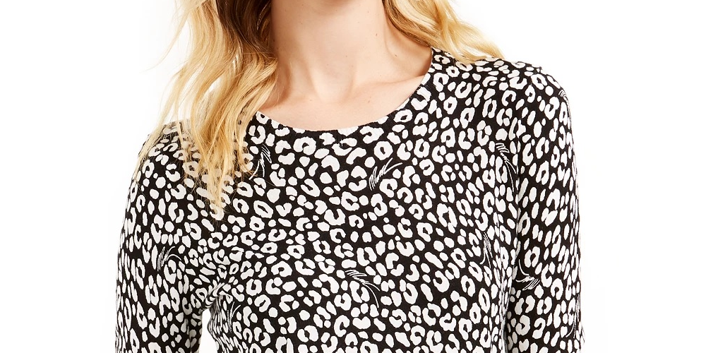 Michael Kors Women's Printed Long Sleeve Jewel Neck Top Black Size Petite X-Small