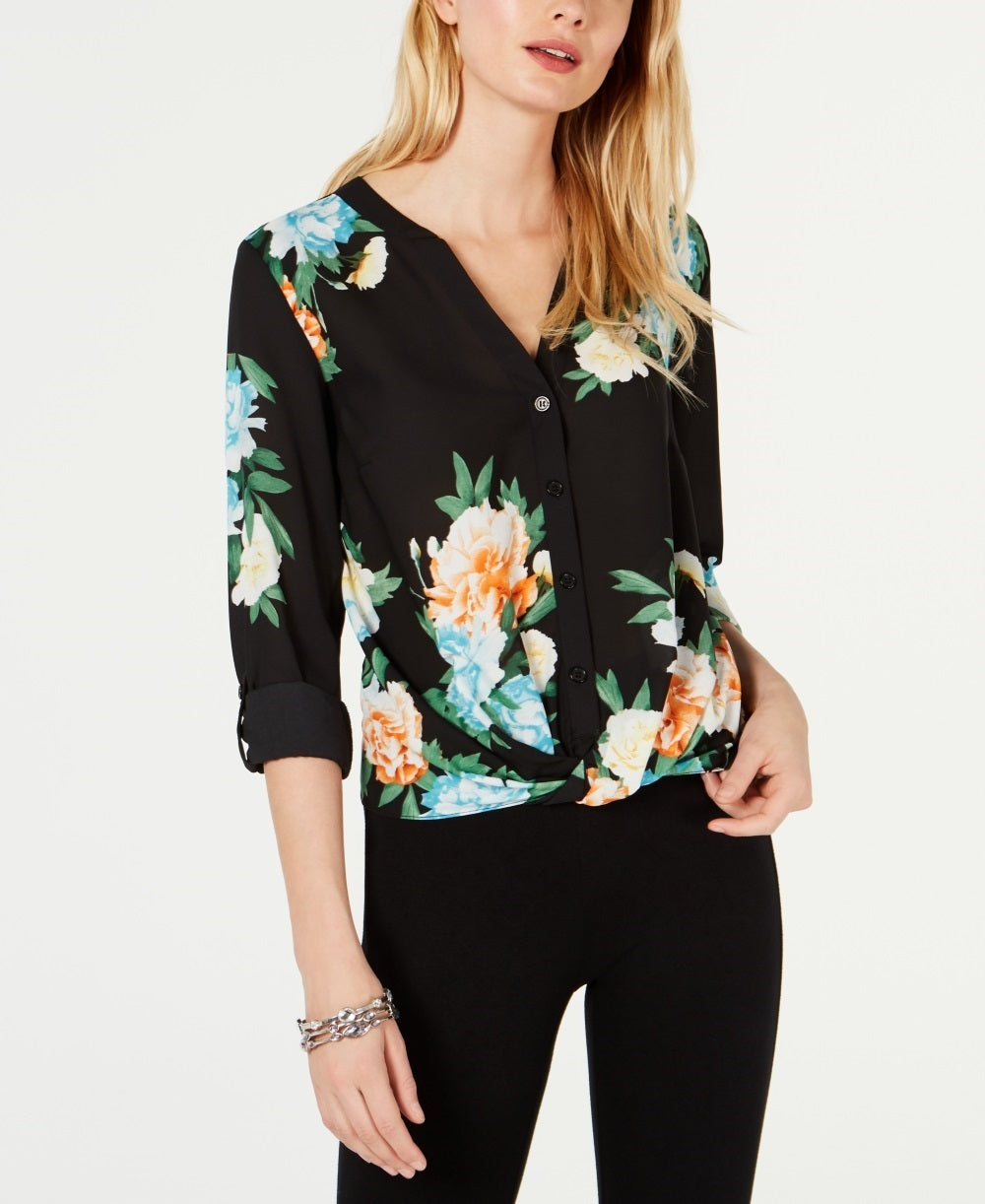 INC International Concepts Women's Cloud Burst Floral Top Black Size X-Small