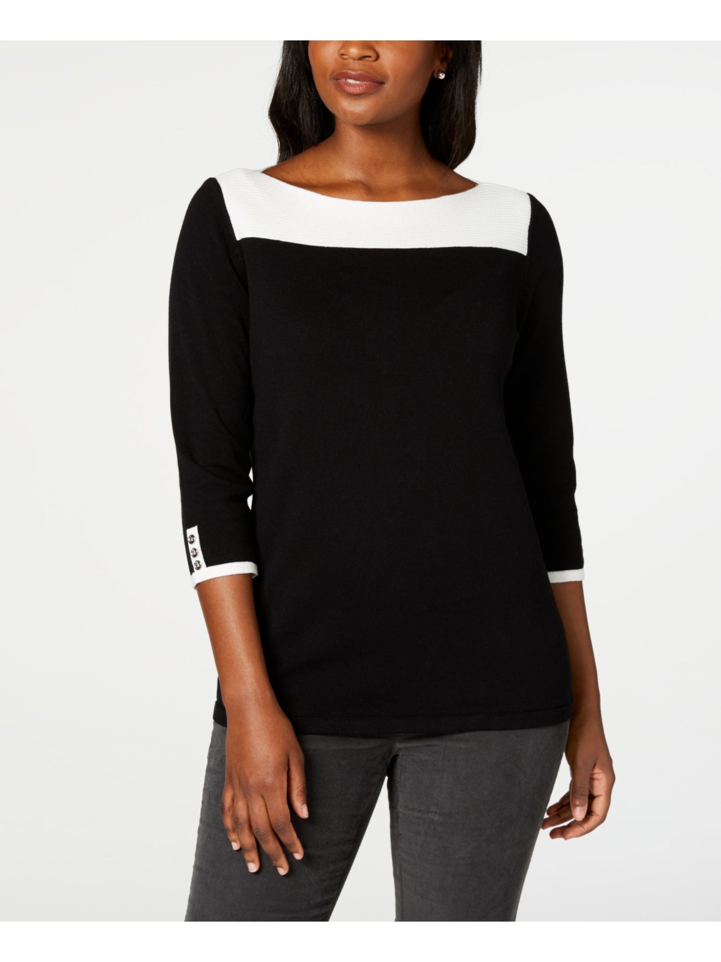 Karen Scott Women's Cotton Button Trim Sweater Black/White Size Petite XL