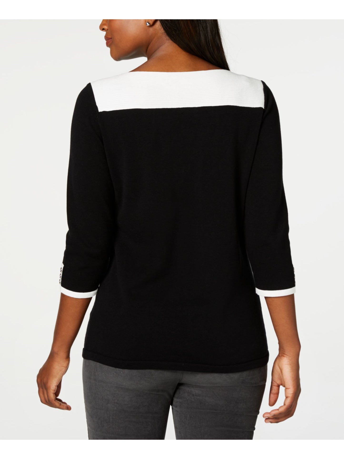 Karen Scott Women's Cotton Button Trim Sweater Black/White Size Petite XL