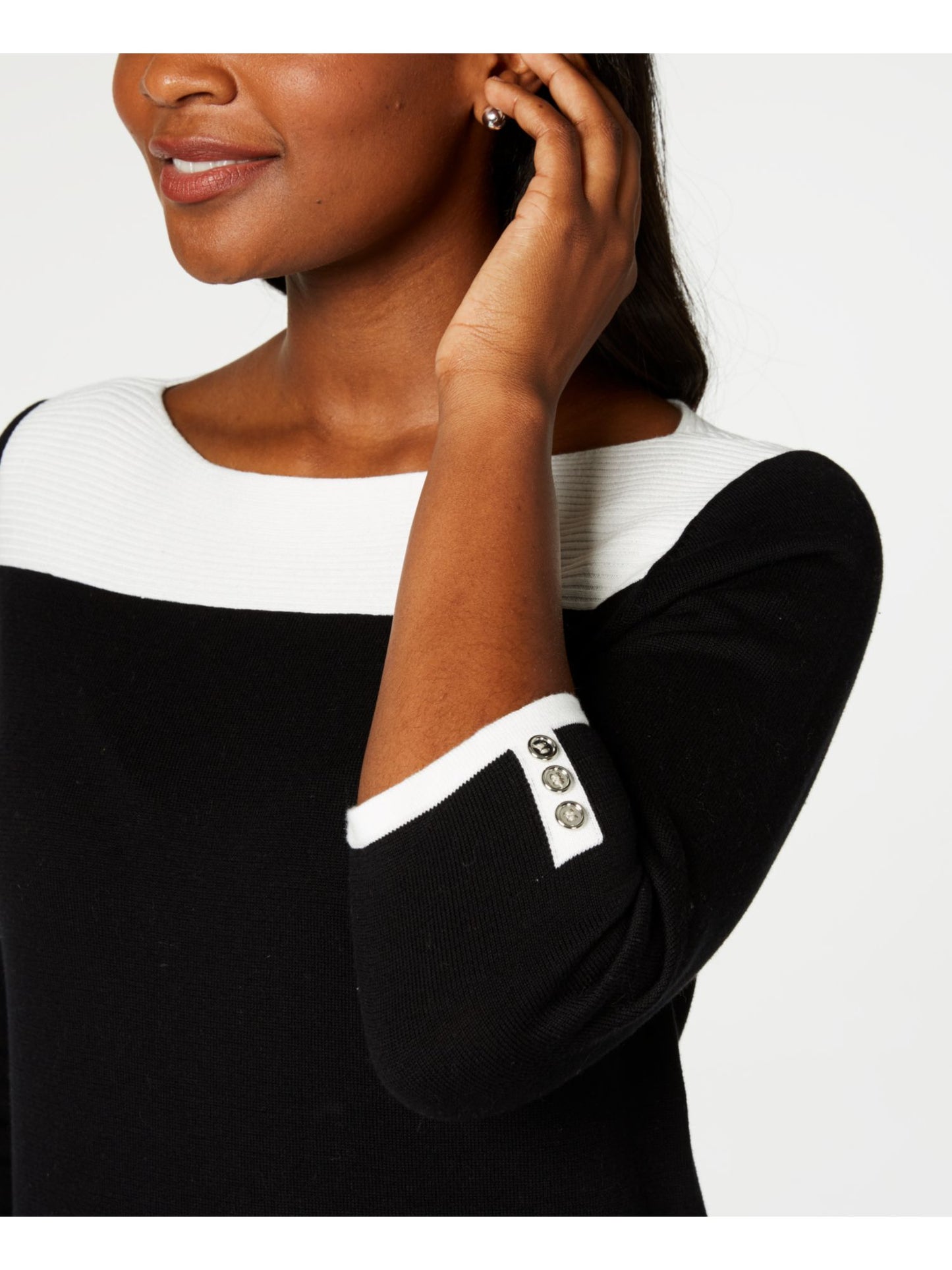 Karen Scott Women's Cotton Button Trim Sweater Black/White Size Petite XL
