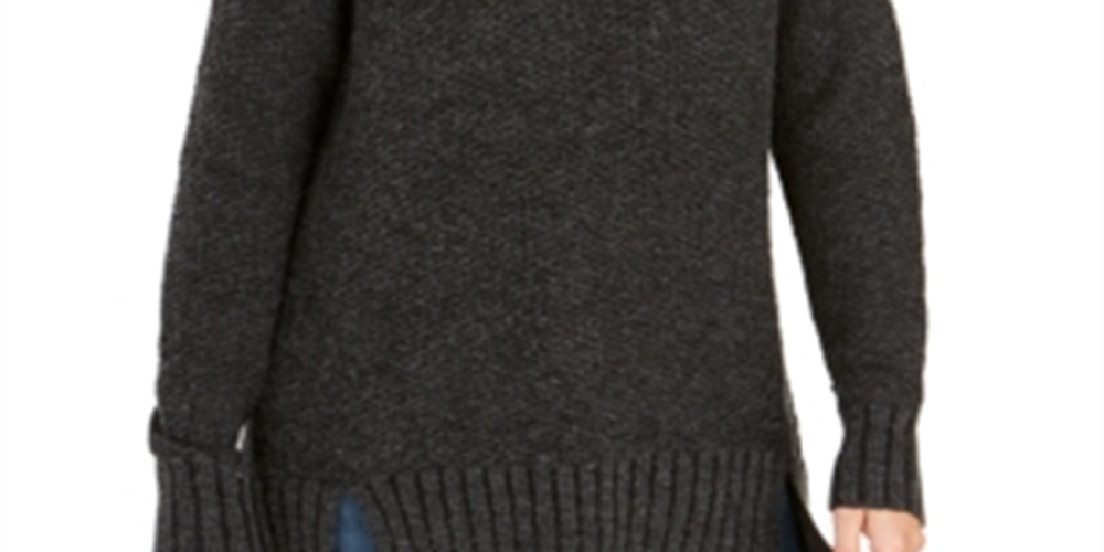 Style & Co Women's Cowl Neck Vented Hem Sweater Gray -Black Size Petite L