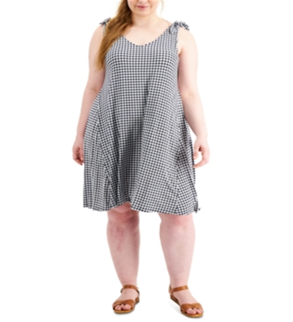 Style & Co Women's Gingham Print Tie Strap Dress Blue Size Petite Medium