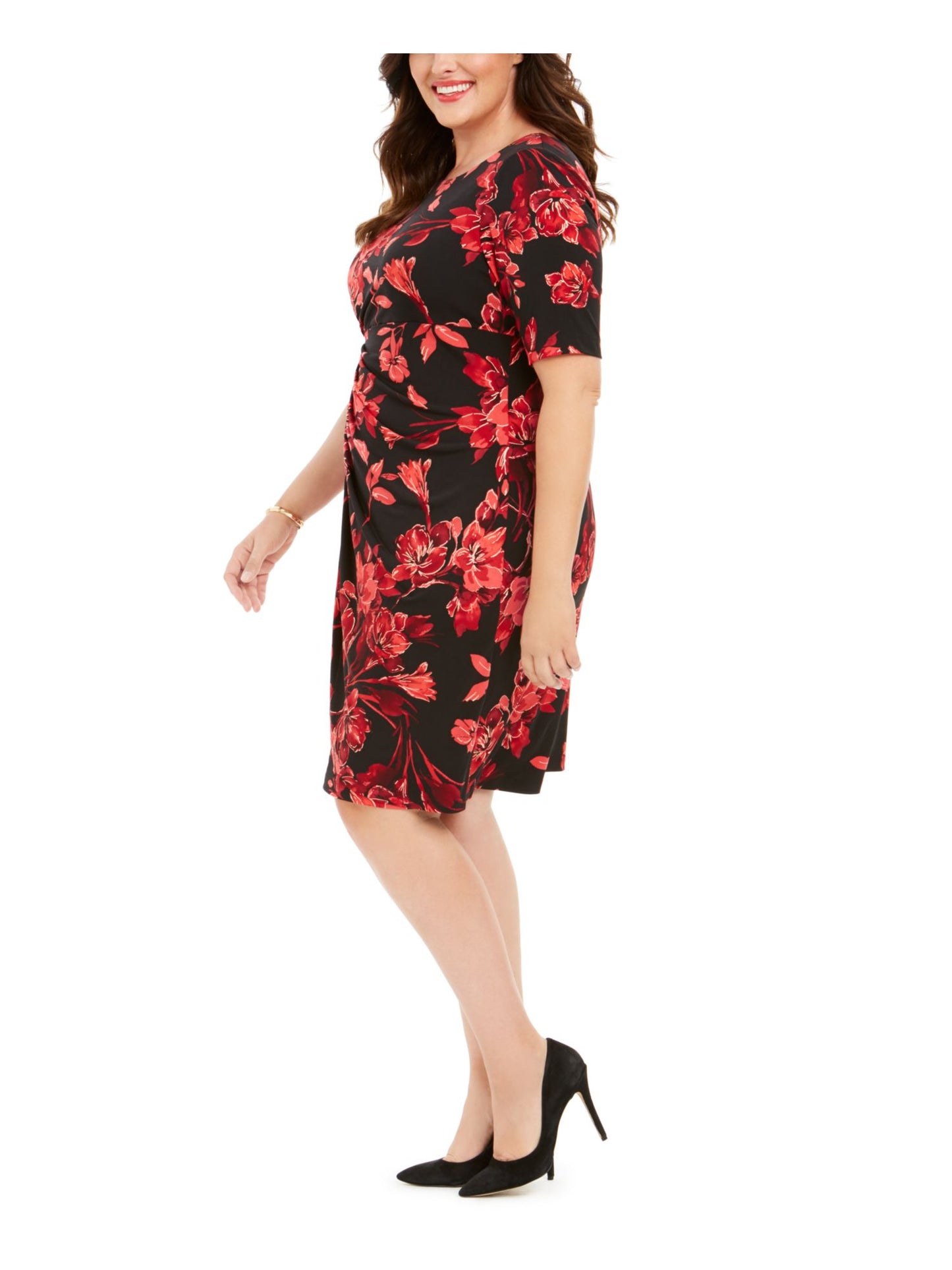 Connected Women's Plus Floral Print Sarong Dress Black-Red Size 14 W