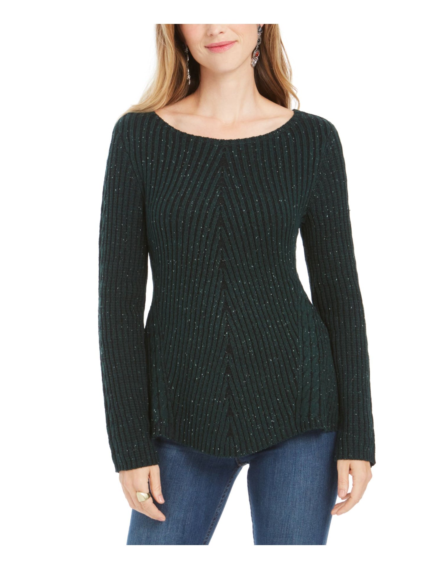 Style & Co Women's Speckle Long Sleeve Jewel Neck T-Shirt Top Green Size Petite Large